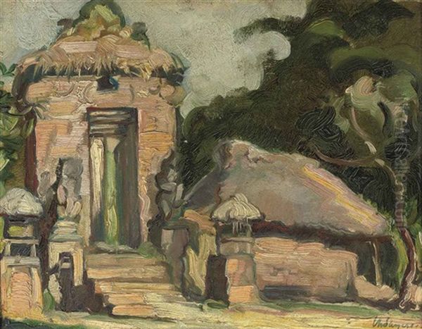 An Indonesian Temple Gate Oil Painting by Charles Sayers