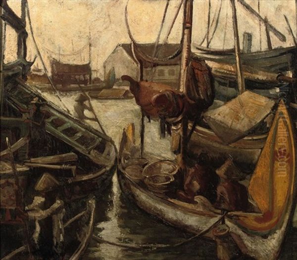 Indonesian Boats In A Harbor Oil Painting by Charles Sayers