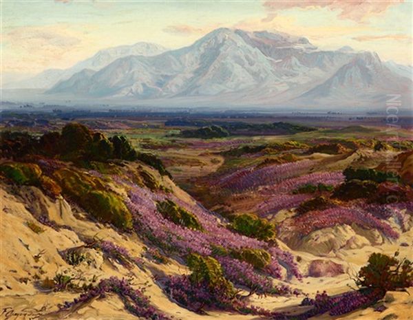 Blooming Verbena In The Desert And Mt. San Jacinto Oil Painting by Fred Grayson Sayre