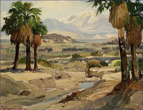 Palm Trees And Stream In A Desert Landscape Oil Painting by Fred Grayson Sayre