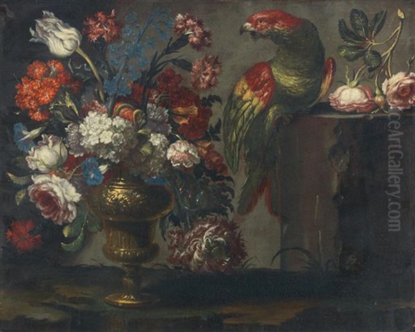 A Still Life Of Flowers In A Gilt Vase With A Parrot Oil Painting by Andrea Scacciati