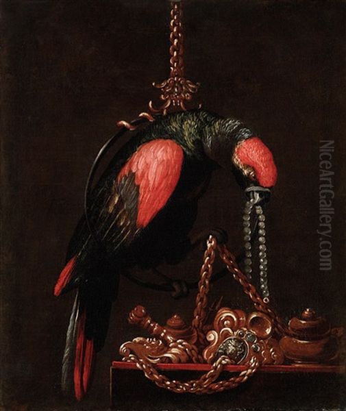 A Parrot Holding A String Of Pearls In Its Beak; And A Parrot Holding Jewellery In Its Beak Oil Painting by Andrea Scacciati