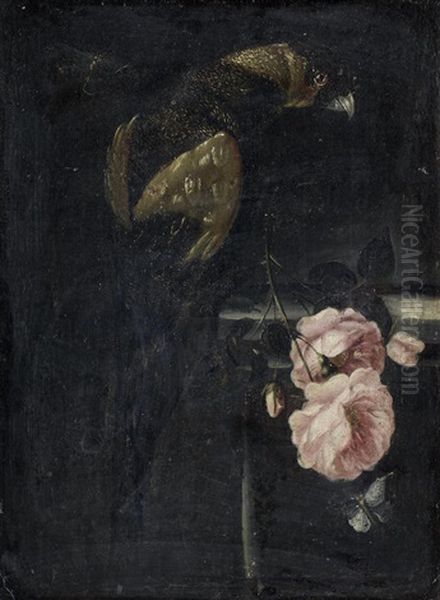 A Parrot On A Stone Ledge With Roses And A Butterfly Oil Painting by Andrea Scacciati