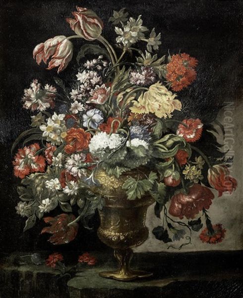 Tulips, Narcissi, Carnations And Other Flowers In A Bronze Urn On A Stone Ledge Oil Painting by Andrea Scacciati