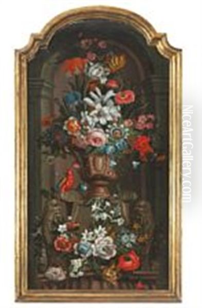 Still Life With Flowers And A Parrot Oil Painting by Andrea Scacciati