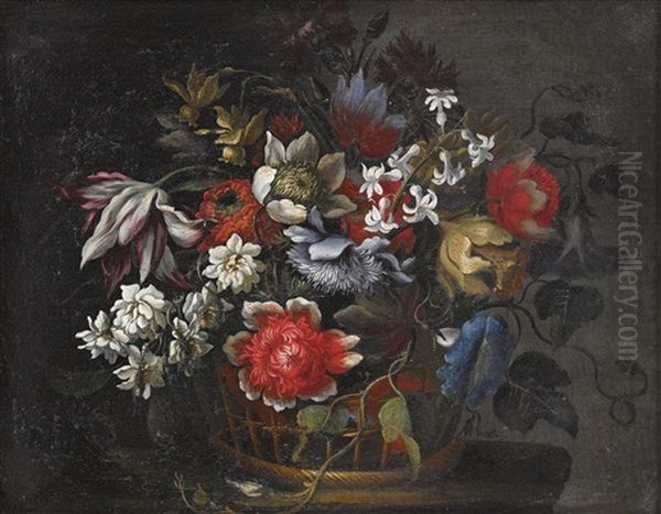 Still Life With Flowers In A Basket Oil Painting by Andrea Scacciati