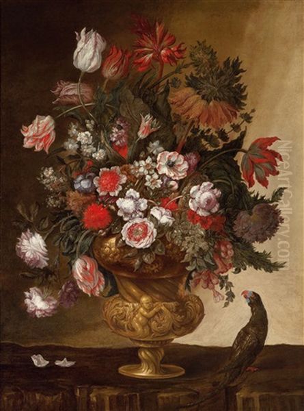 Stillleben Mit Rosen, Tulpen Und Anemonen In Einer Reliefierten Bronzevase Oil Painting by Andrea Scacciati