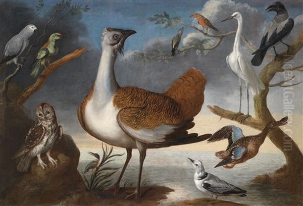 Exotische Vogel, Zwei Papageien, Enten, Eine Eule, Ein Fischreiher Und Andere Vogel In Einer Weiten Landschaft Oil Painting by Pietre-Neri Scacciati