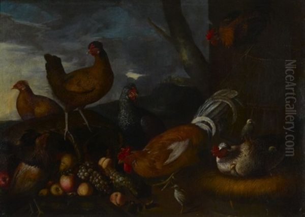 Dindons Et Canards Pres D'une Mare (+ Coqs, Poules Et Perdrix Autour D'une Corbeille De Fruits; Pair) Oil Painting by Pietre-Neri Scacciati