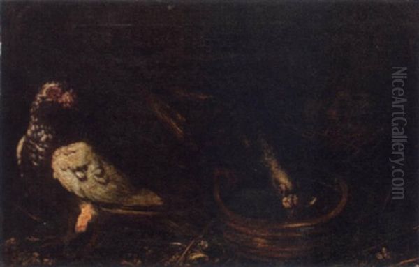 Pigeons At A Water Bowl With Squabs In A Nest Oil Painting by Pietre-Neri Scacciati