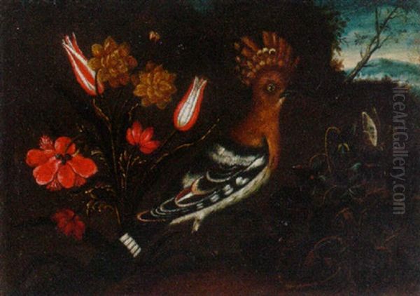 A Hoopoe With A Spray Of Flowers And A Butterfly, A Landscape Beyond Oil Painting by Pietre-Neri Scacciati