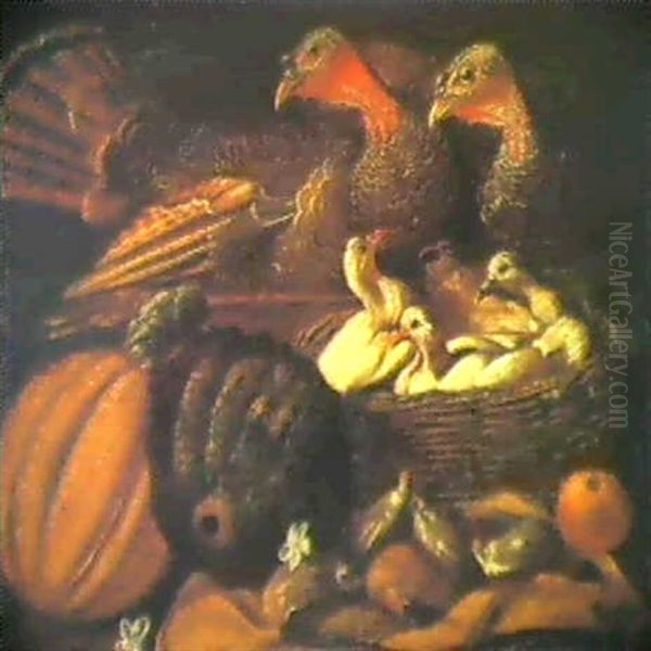 Two Turkeys, Chicks In A Basket, With Fruit In The          Foregraound Oil Painting by Pietre-Neri Scacciati