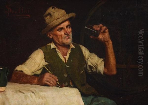 Elderly Man Drinking Wine And Smoking His Pipe Oil Painting by Luigi Scaffai