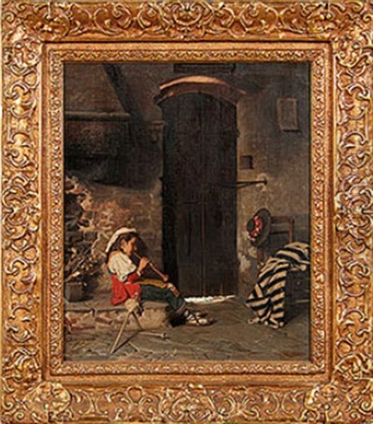 Interior Scene Of A Boy Playing An Instrument On A Hearth Oil Painting by Luigi Scaffai