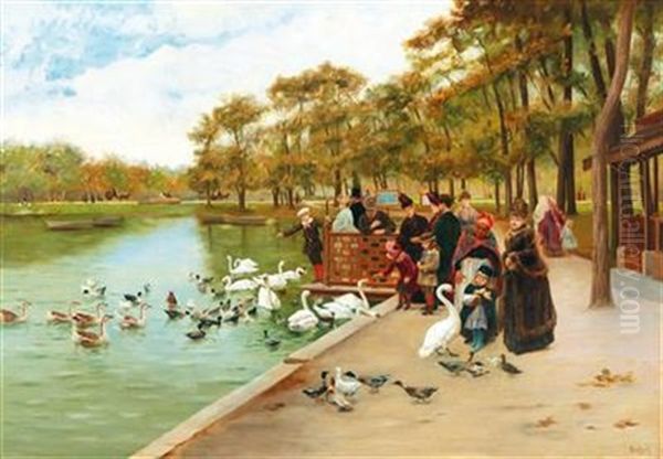 By The Large Pond In The Bois De Boulogne In Paris Oil Painting by Jules Scalbert