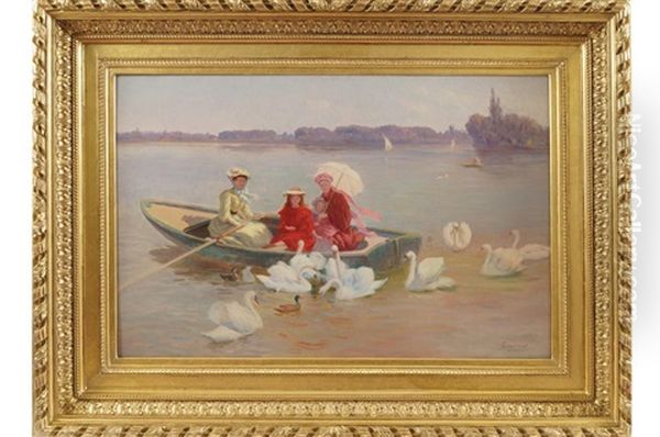 Feeding The Swans Oil Painting by Jules Scalbert