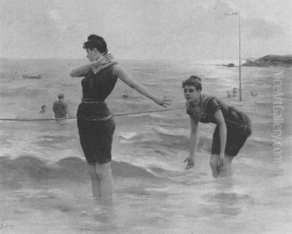 Baigneuses A La Plage Oil Painting by Jules Scalbert