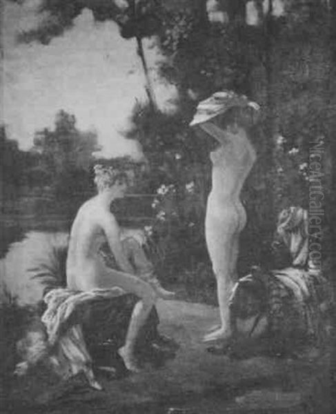 Bathers By A Lake Oil Painting by Jules Scalbert