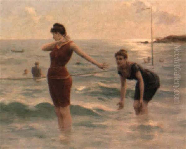 Baigneuses A La Plage Oil Painting by Jules Scalbert