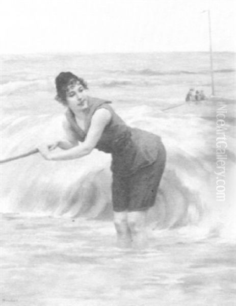 A Bathing Beauty Oil Painting by Jules Scalbert