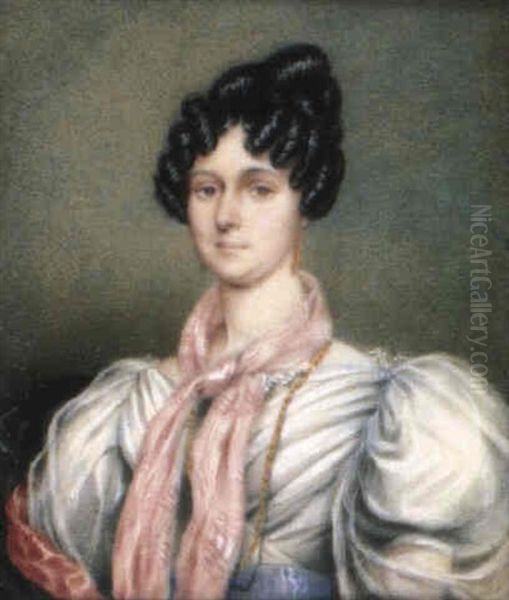 Grandma Foot (nee Miss Eliza Duroure), Wife Of Captain      George Foot, Wearing Red-lined Cape And White Dress... Oil Painting by Robert Richard Scanlan