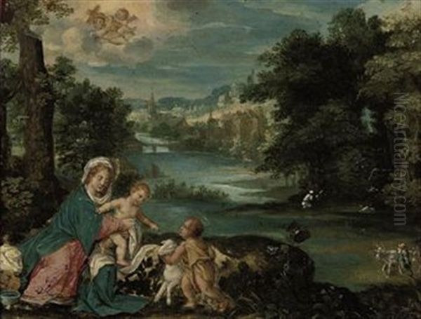 A River Wooded Landscape With The Madonna And Child With The Infant Saint John The Baptist, A Village Beyond (follower Of Hans Rottenhammer) Oil Painting by  Scarsellino