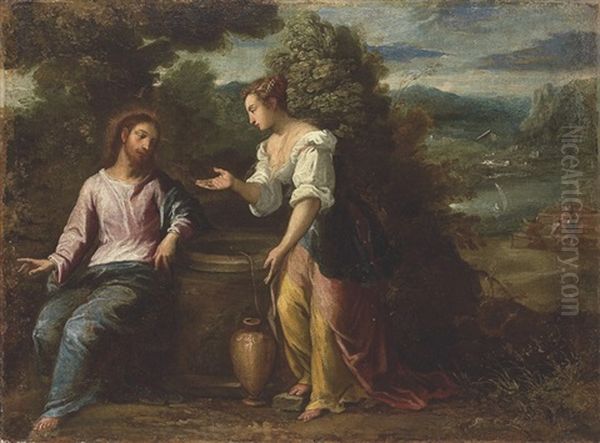 Christ And The Woman Of Samaria Oil Painting by  Scarsellino