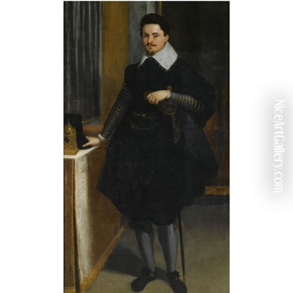 Portrait Of A Gentleman, Standing Beside A Table With A Clock Oil Painting by  Scarsellino