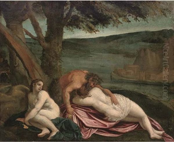 Two Nymphs With A Satyr On A River Bank Oil Painting by  Scarsellino