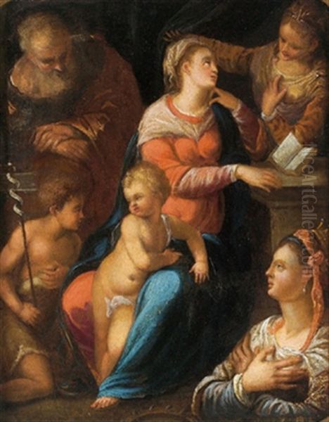 La Sacra Famiglia Con San Giovannino E Due Sante Oil Painting by  Scarsellino