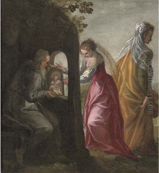 Saint Catherine Of Alexandria Receiving An Icon From A Hermit, Her Mother In The Background Oil Painting by  Scarsellino