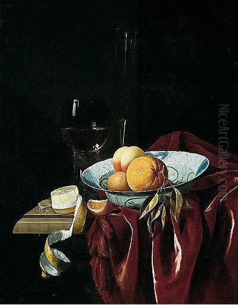 Still Life Of Oranges And A Peach In A Blue And White Porcelain Bowl, Together With A Peeled Lemon, A Roemer And A Venetian Wine Glass, Upon A Table Top Partly Draped With A Purple Cloth Oil Painting by Nicolaes Bourgeois