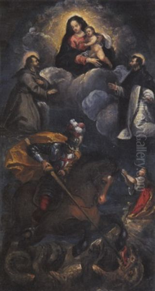 Madonna In Gloria Con San Domenico, San Francesco E San Giorgio Oil Painting by  Scarsellino