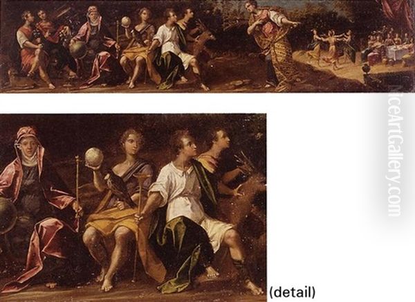 Allegorical Figures Of Fidelity, Abundance, Fame And Vanity With A Banquet Beyond Oil Painting by  Scarsellino