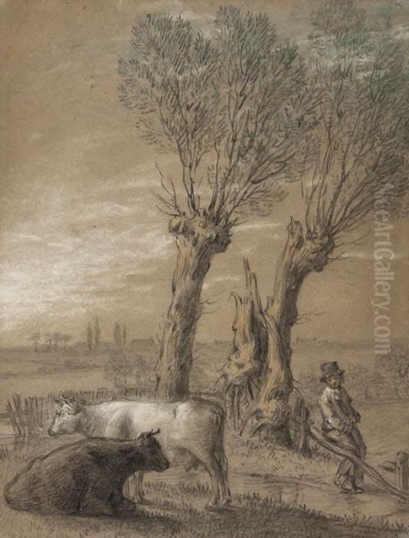 Cattle And Boy By A Pollarded Willow Oil Painting by Peter Francis Bourgeois