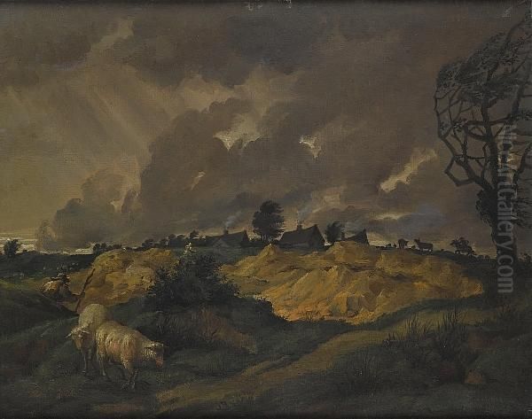 A Shepherd With Two Sheep In An Open Landscape Oil Painting by Peter Francis Bourgeois