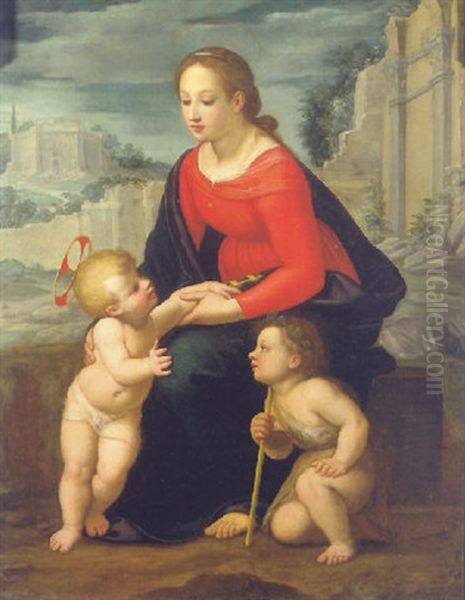 The Madonna And Child With The Infant Saint John The Baptist In A Landscape Oil Painting by  Scarsellino