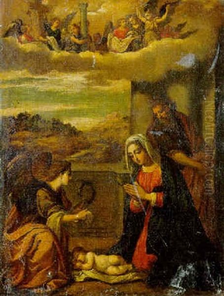 The Holy Family With Angels Holding The Instruments Of Passion Oil Painting by  Scarsellino