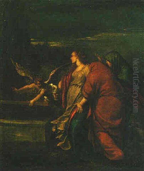 An Angel With The Three Maries At The Tomb by  Scarsellino