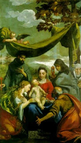 The Madonna And Child With The Saints Mary Magdalen, Peter, Clare And Francis Oil Painting by  Scarsellino