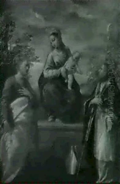 Madonna Col Bambino E San Pietro E Un Santo Vescovo Oil Painting by  Scarsellino