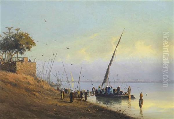 Boarding A Felucca On The Nile Oil Painting by Spyridon Scarvelli