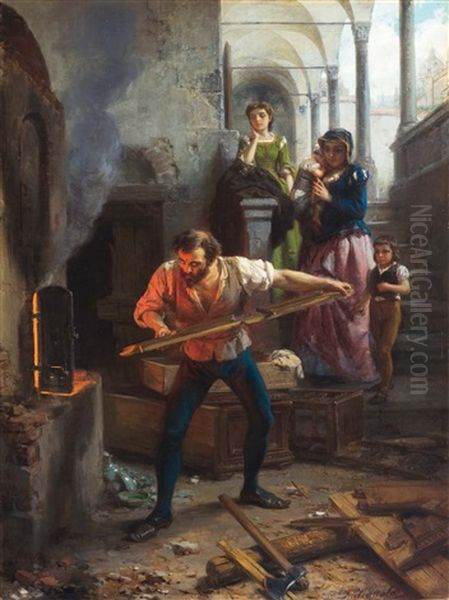 Bernard Palissy, Ridotto In Miseria, Getta Nella Fornace I Mobili Di Casa Per Ultimare La Cottura Di Una Sua Fortunata Esperienza Oil Painting by Domenico Scattola