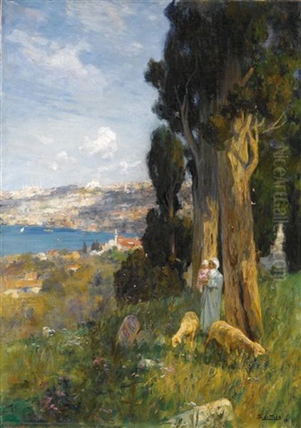 Hirtin Bei Der Rast, Im Hintergrund Istanbul by Ferruccio Scattola