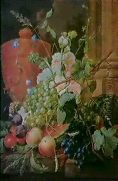 A Still Life Of Assorted Fruit Including Grapes, Peaches,   Plums And A Melon On A Stone Ledge... Oil Painting by Cornelis Johannes Schaalje