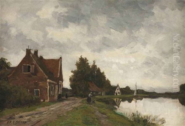 Klompweg, Nigtevecht, With Fort Hinderdam In The Distance Oil Painting by Egbert Rubertus Deck Schaap