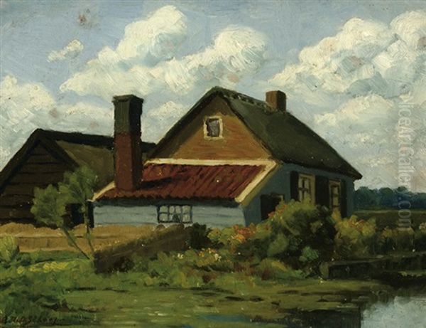 Farm By The Water Oil Painting by Egbert Rubertus Deck Schaap