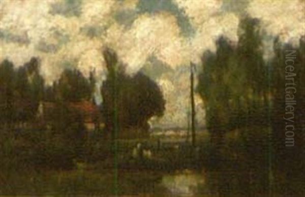 Impressionistische Gewasserlandschaft Mit Gehoft Oil Painting by Egbert Rubertus Deck Schaap