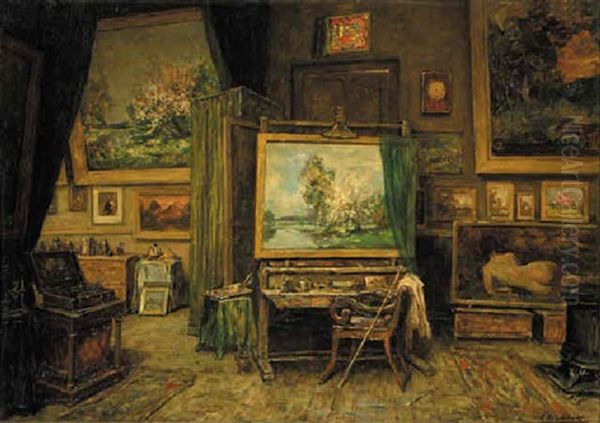 Atelier Op Villa Nova - The Interior Of The Artist's Studio Oil Painting by Egbert Rubertus Deck Schaap