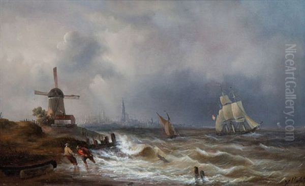 Gezicht Op De Schelde Met In De Verte De Stad Antwerpen, Links Een Molen, Centraal Een Hollands Schip En Sloep, Twee Figuren Op De Voorgrond Oil Painting by Hendrik Schaap